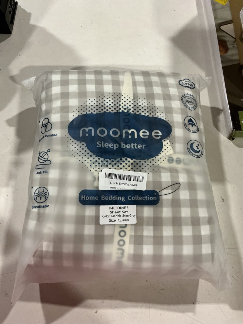 Condition photo showing Good Condition for moomee gingham sheet set 100% washed cotton linen like textured breathable soft w/fully elasticized 16-19" deep pocket (classic gingham tannish linen grey, queen) classic gingham - tannish linen grey queen