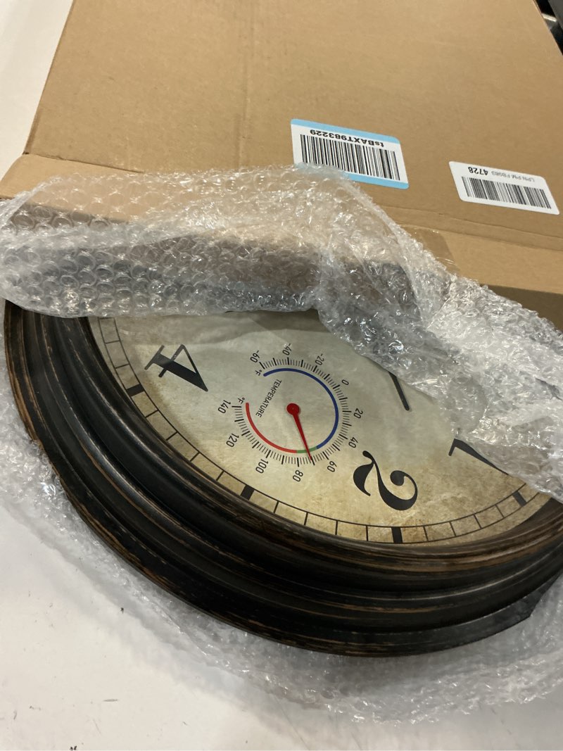 Condition photo showing Good Condition for 16 inch large outdoor clock with thermometer and hygrometer combo, waterproof indoor outdoor wall clocks for patio, pool, garden, backyard decor- retro bronze 16 bronze