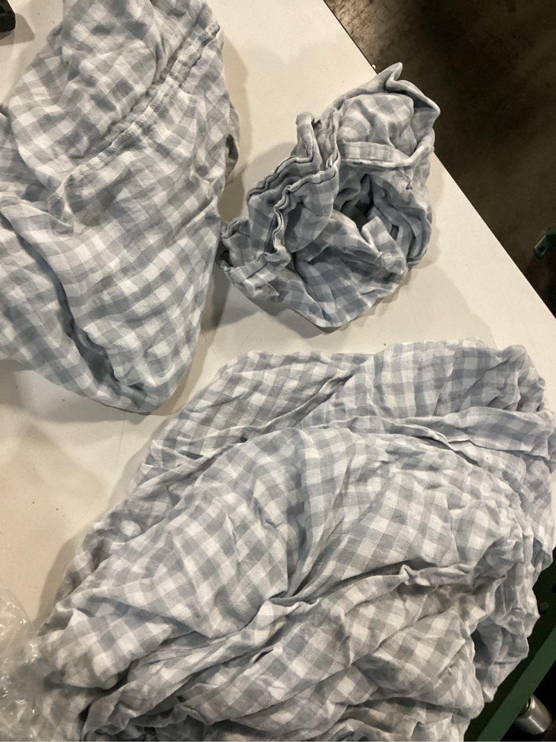 Condition photo showing As Is for european linen fitted sheet set, queen, blue fog gingham