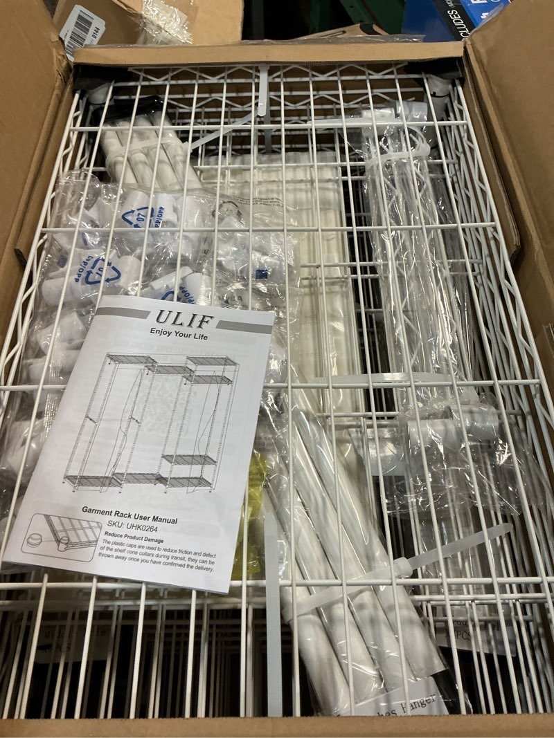 Condition photo showing New/Like New for ulif e4 clothes rack, heavy-duty garment rack, metal freestanding clothing organization storage system can be l-shaped with shelves and hangers, max load 962lbs, 71.6" w x 14.5" d x 79.3" h, white