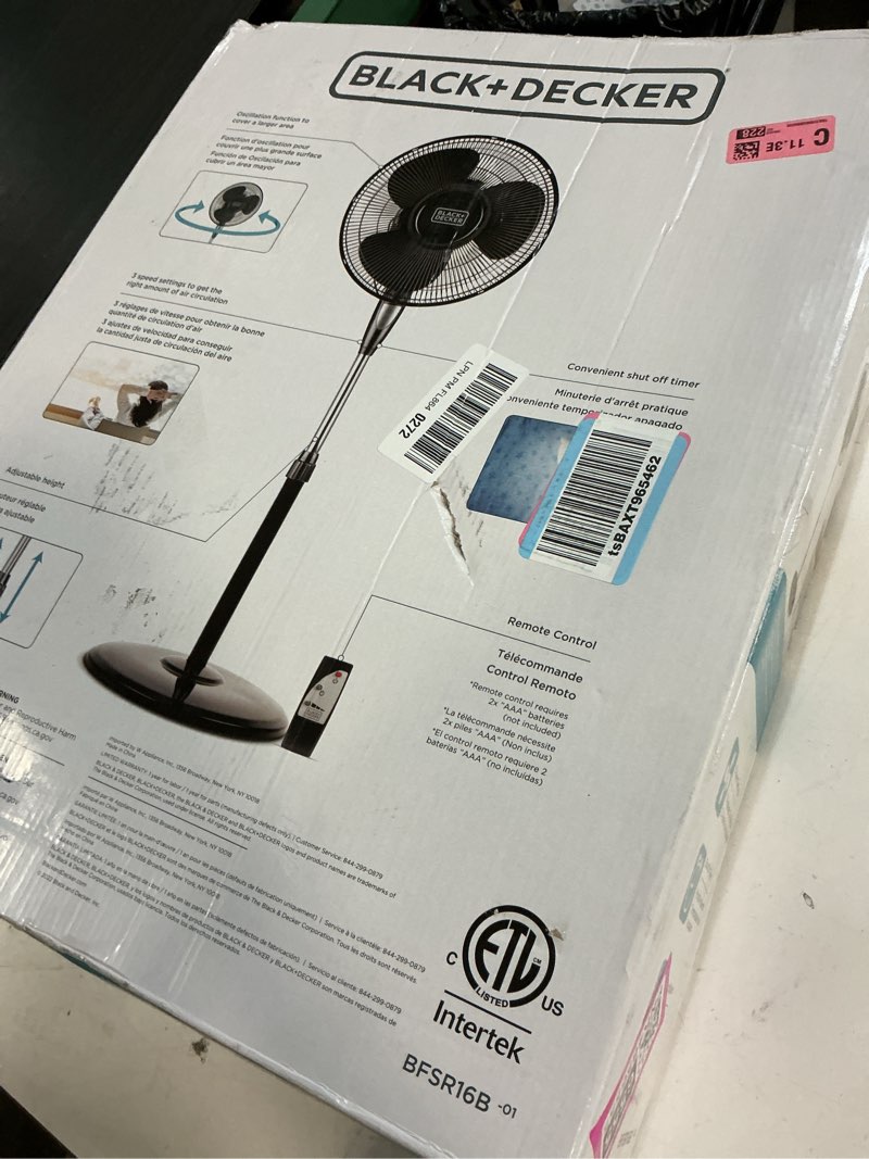 Condition photo showing As Is for black+decker 16 inches stand fan with pedestal base, height adjustable pedestal fan with remote and touch control panel, free standing fan with 90-degree oscillating and 3-speed settings, black