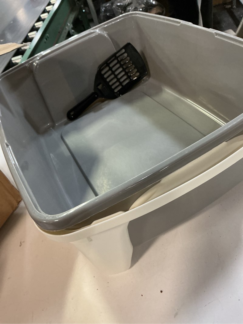 Condition photo showing As Is for Amazon Basics Large Cat Litter Box with High Sides, Open Top, Includes Scoop, 19 x 15 x 11.75 inches, Grey/Beige Grey/Beige Open Top