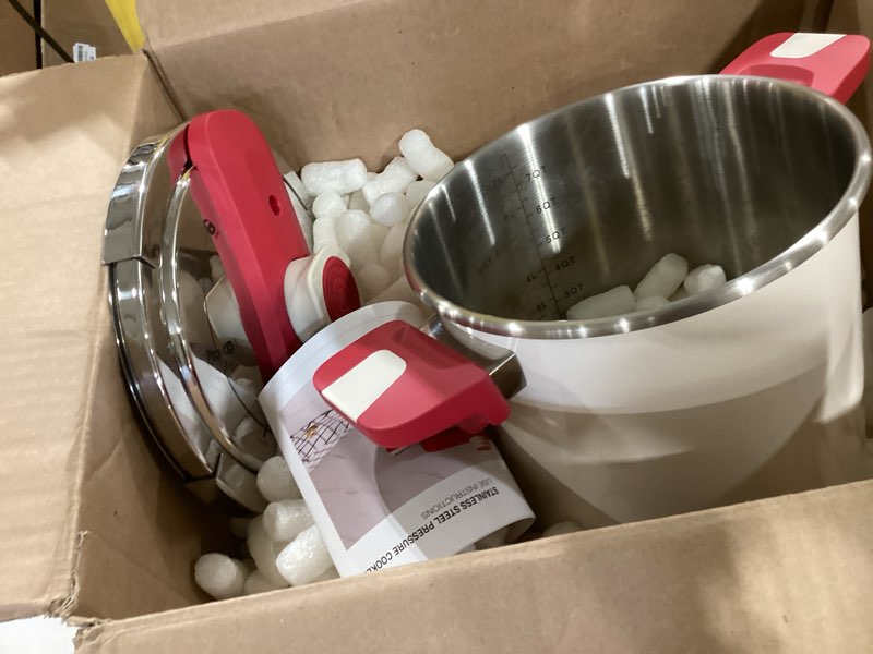 Condition photo showing As Is for michelangelo 6.3 quart stainless steel stovetop pressure cooker, 3-in-1 pressure pot with glass lid & steamer, one-hand locking system, induction compatible, cream ceramic exterior 6.3 quarts
