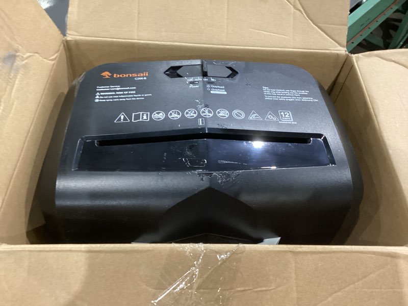 Condition photo showing As Is for bonsaii 12-sheet micro cut shredders for home office, 60 minute p-4 security level paper shredder for cd, credit card, mails, staple, clip, with jam-proof system & 4.2 gal pullout bin c266-b black