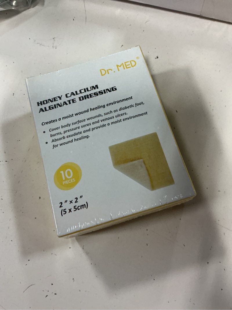 Condition photo showing New/Like New for dr. med manuka honey calcium alginate dressing 2"x2" (10 pcs/box), highly absorbent dressings with honey for abrasions, burns, diabetic foot, pressure sores and venous ulcers faster wound care manuka honey pads 2" x 2" - 10 pcs/box