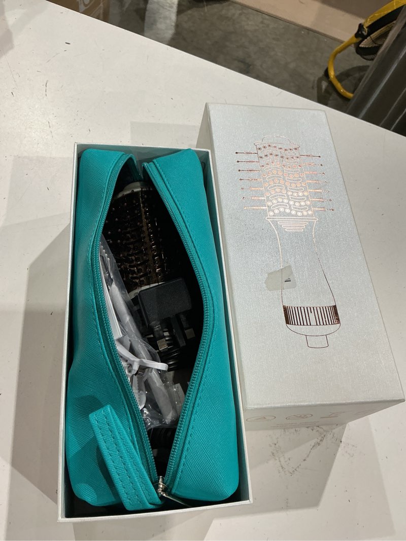 Condition photo showing Good Condition for travel dual voltage hair dryer brush 4-in-1 portable mini hot air blow dryer straightener & curler brush, titanium round blowout styler volumizer tools, 110/240v us/eu/uk plug for international travel nacre white & rosé gold