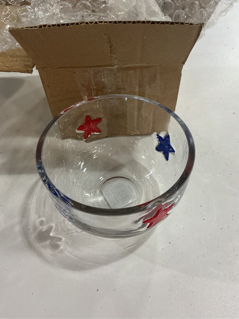 Condition photo showing New/Like New for slant party supplies - glass snack bowl patriotic with integrated stars, small, red blue