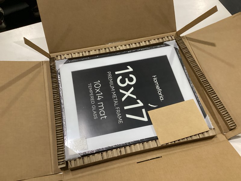 Condition photo showing New/Like New for homeforia 13x17 picture frame black, high end metal 13x17 poster frames with mat 10x14 for photo, 13 x 17 black frame matted to 10 x 14 inch print, 17x13 thin frame, tempered glass, wall kit, set of 1