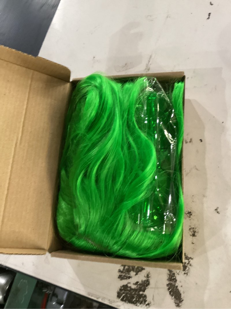 Condition photo showing Good Condition for plulon grass green short wavy wig heart sunglasses for women, colored bob style shoulder length wigs with bangs funny party hair for nightclubs bachelorette party carnival st. patrick's day