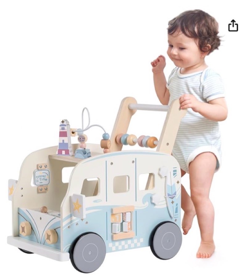 robotime wooden baby walker, baby push walker, baby activity center toys, ajustable speed multi-functional baby walker with wheels for boys and girls(vacation bus)