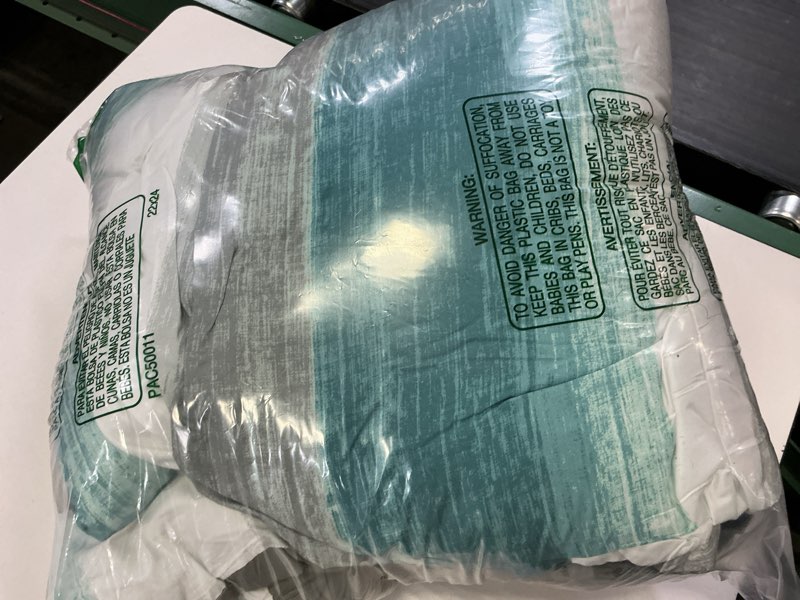 Condition photo showing As Is for Madison Park Essentials Twin Comforter Set, Bed in a Bag Twin, Watercolor Print Coastal Comforter & Chambray Cotton Sheet Set, All Season Bedding Set, Saben, Aqua Twin (68 in x 86 in) 7 Piece Twin (68 in x 86 in) Stripe Aqua