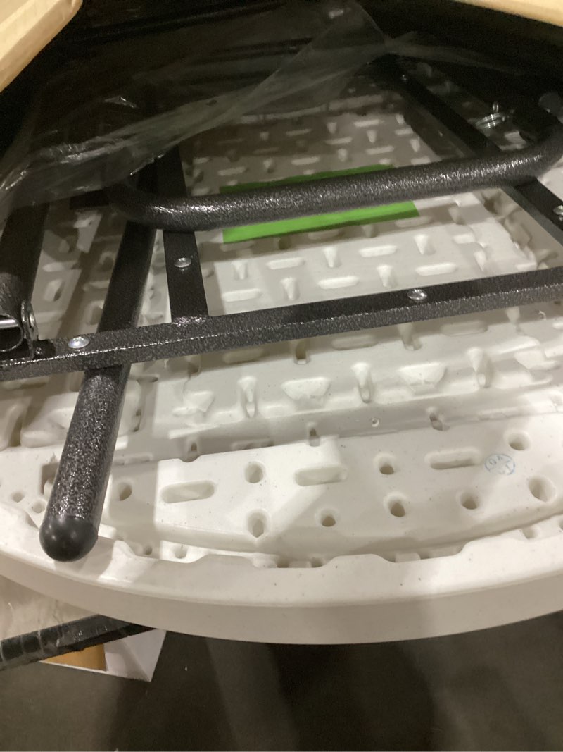 Condition photo showing As Is for Cocktail Table 28in Portable Folding Bar Height Table, Compact Round High Top Plastic & Steel Bistro with Removable Legs, for Indoor Outdoor RV Patio Catering Parties Commercial Events-1pc White