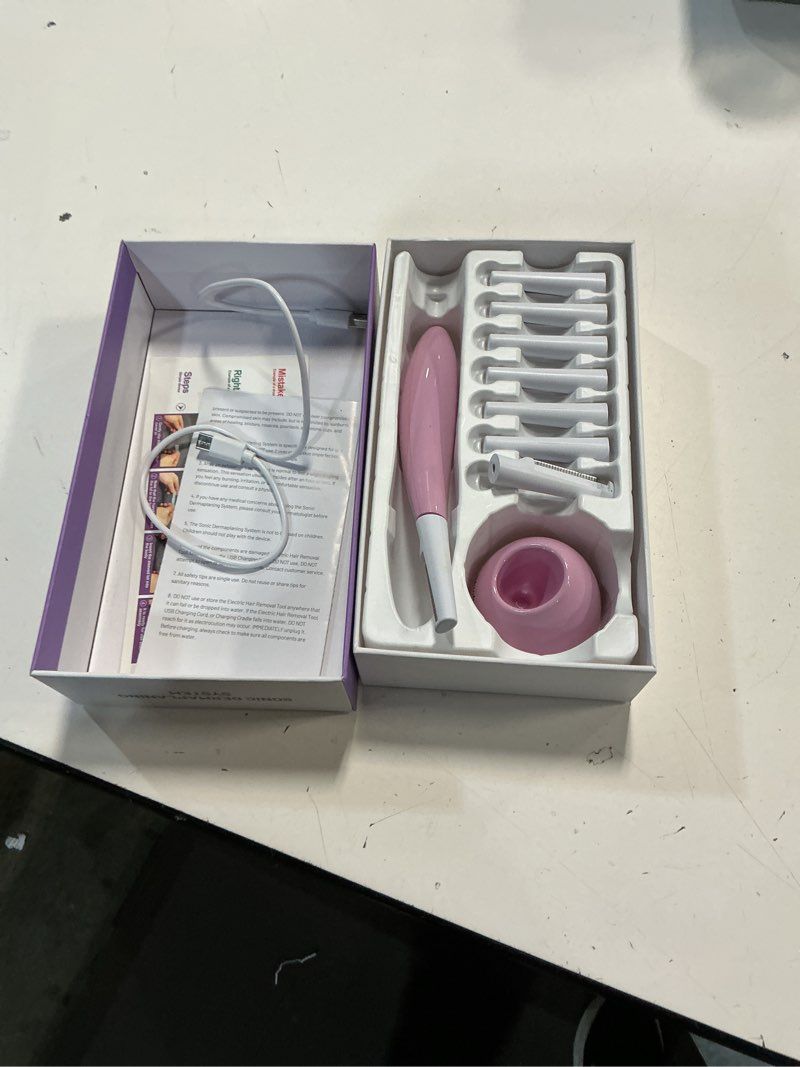 Condition photo showing As Is for sonic dermaplane razor for women face,women’s facial exfoliation & peach fuzz hair removal system,anti-aging–3 speeds–8 dermaplaning blades–rechargeable,sonic dermaplaning tool pink