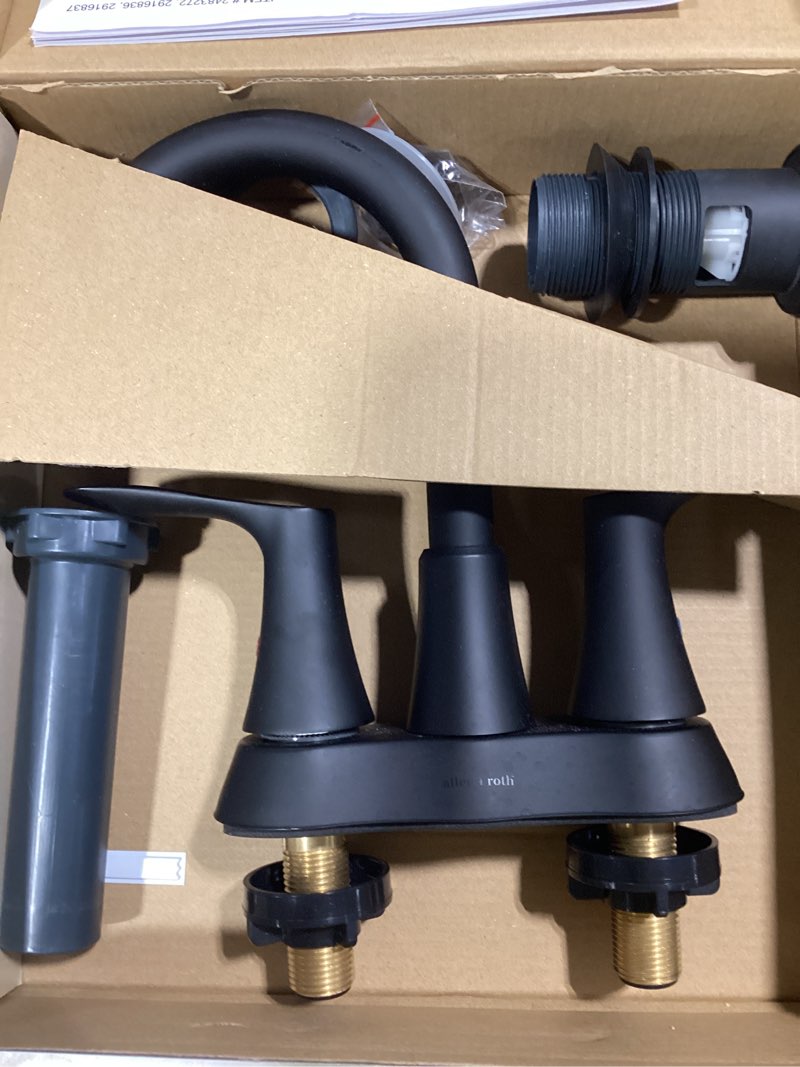 Condition photo showing As Is for allen + roth brookes matte black 4-in centerset 2-handle watersense high-arc residential handle bathroom sink faucet with drain