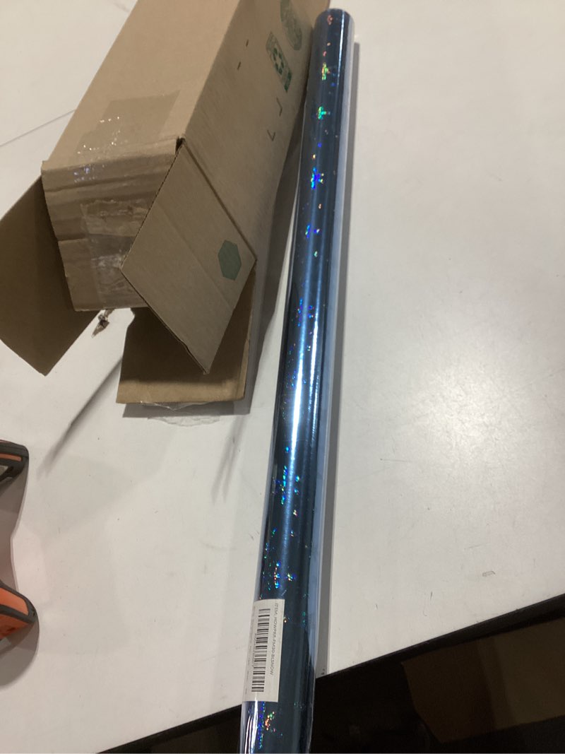 Condition photo showing As Is for LeZakaa 30in x 32.8Ft Blue Holographic Wrapping Paper, Metallic Shiny Star Pattern, for Christmas Eve, Holiday Season, for Birthday, Wedding, Baby Shower, Valentines, Graduation, Jumbo Roll 30 in x 32.8 ft Blue