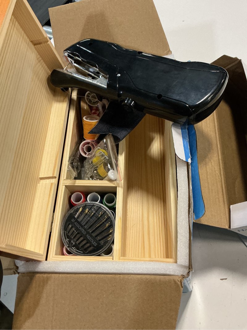 Condition photo showing Good Condition for handheld sewing machine with exquisite wooden storage box & 142-piece sewing kit - electric switch, dual power supply, assorted needles, threads, heavy duty scissors - meets all household sewing needs black