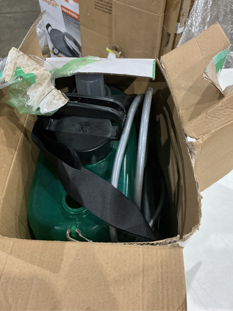 Condition photo showing As Is for battery powered garden sprayer 2 gallon, rechargeable pump sprayer with 4 mist nozzles & retractable wand?portable water electric sprayers in lawn and garden with adjustable shoulder strap?green?
