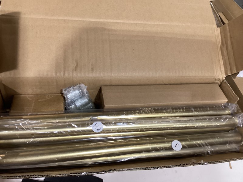 Condition photo showing Good Condition for warm gold corner window curtain rods with aluminum end cap finials and brackets,1 inch diameter bay window curtain rods,2 sided 32-86 inch adjustable drapery rod