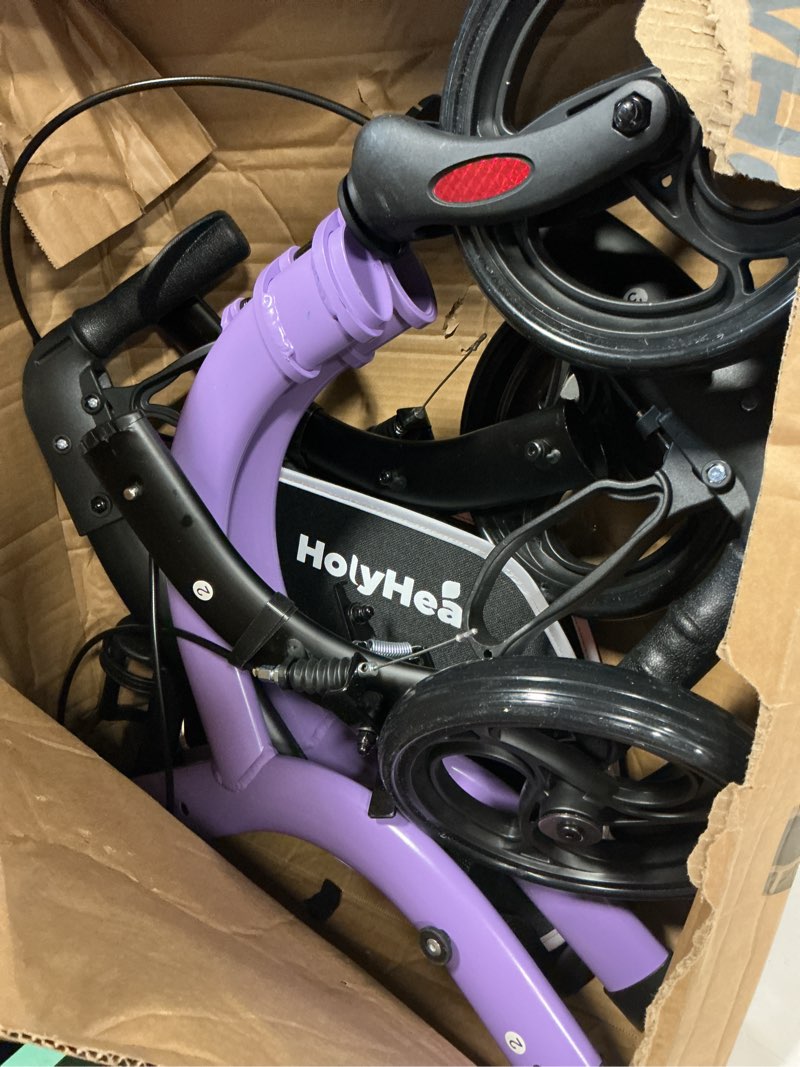 Condition photo showing As Is for 3 Wheel Walkers for Seniors, Lightweight Rollator Walkers Foldable for Elderly with Cane Hold and Cup Hold, Height Adjustable Aluminum Three Wheel Rolling Walker Mobility Aid, Purple