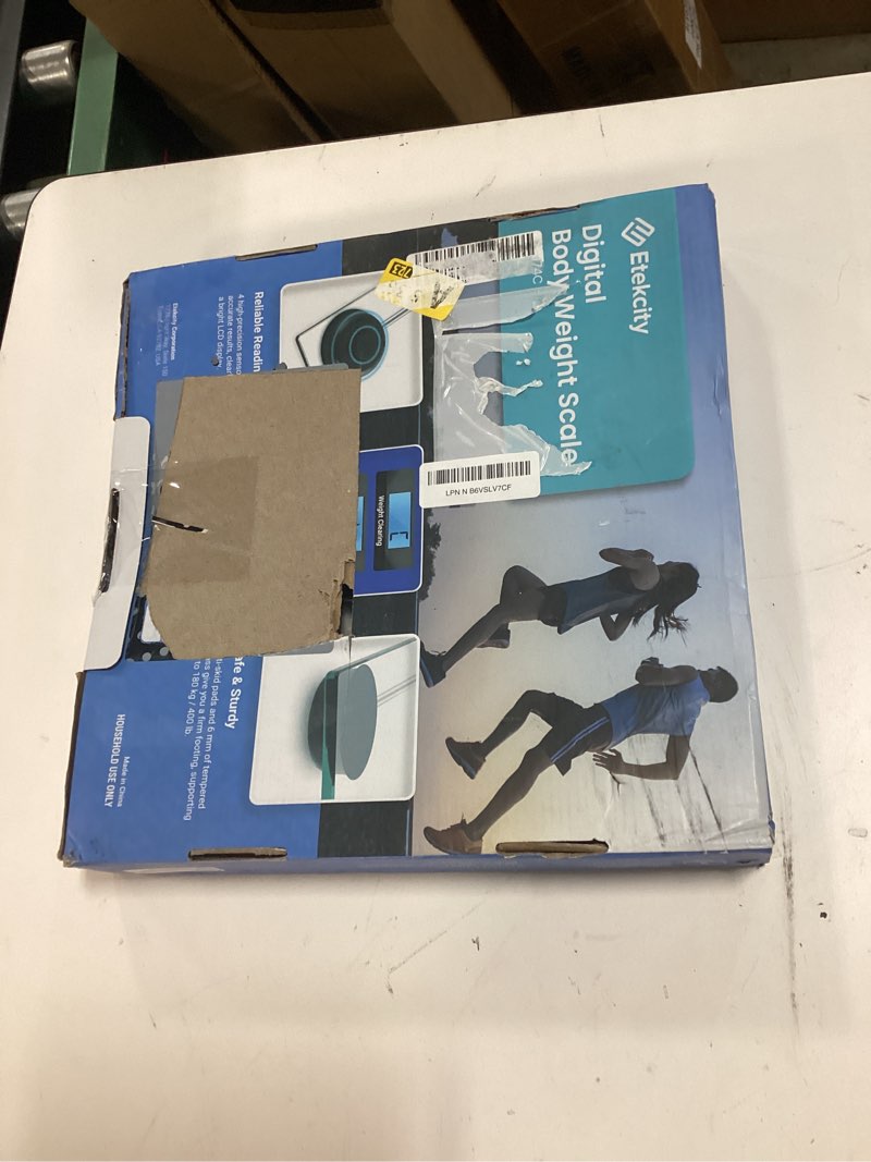 Condition photo showing New/Like New for etekcity digital body weight bathroom scale, large blue lcd backlight display, high precision measurements, 6mm tempered glass, 400 pounds, black clear black ?11.9 x 11.9 inches