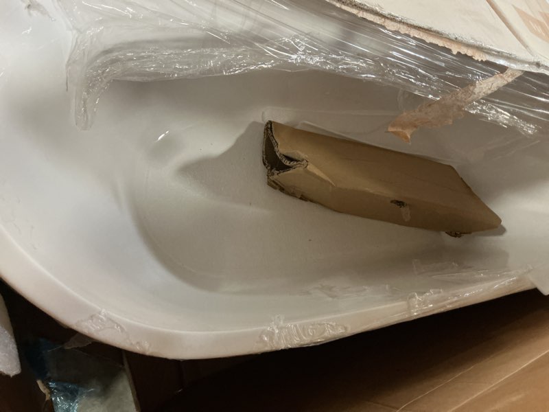 Condition photo showing Good Condition for empava 69 inch freestanding bathtub, acrylic soaking tub with 15" internal water depth & non-slip bottom, modern oval white tub for one adult, 58 gallon capacity, cupc certified