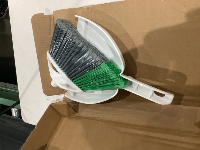 Condition photo showing As Is for libman flextech broom with dustpan combo set for sweeping indoor and outdoor floors, pet, dog hair broom, 55” precision angle broom, 3 piece handle, 11" wide, 10.25" wide dust pan