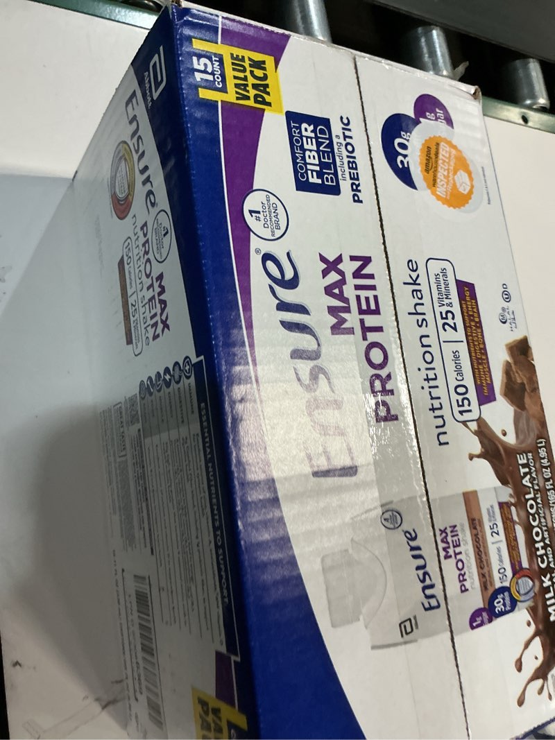 Condition photo showing New/Like New for (BBD 01/12/25). Ensure Max Protein Milk Chocolate Nutrition Shake, 30g Protein, 1g Sugar, 4g Fiber Blend, 15 Pack
