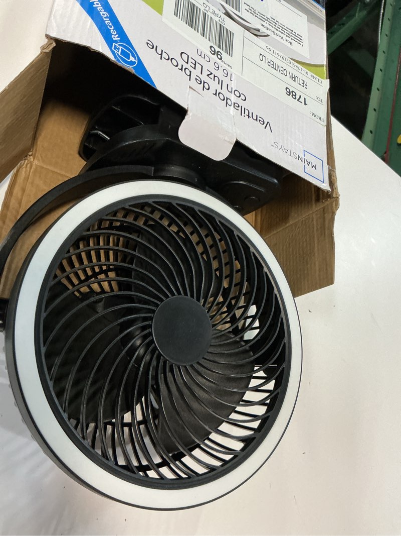 Condition photo showing Good Condition for mainstays 7" 4-speed usb rechargeable clip and table fan, led light and 8h timer, black, model#fn1006