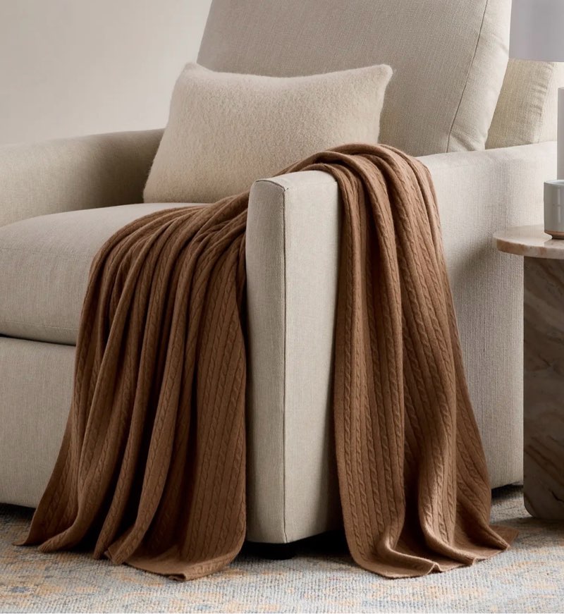 cable knit cashmere throw, teak