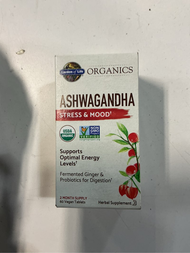 Condition photo showing New/Like New for (By 03-2026)Garden of Life Organic Ashwagandha Supplement with Probiotics & Ginger - Stress, Mood & Energy Support, Vegan, Gluten Free, Non GMO, 2 Month Supply, 60 Tablets