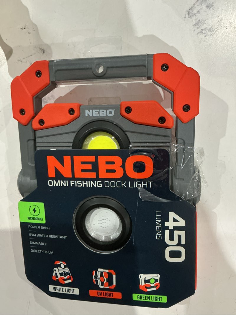 Condition photo showing As Is for nebo omni fish dock light | 450 lumens cob, 4 light modes, 395nm uv, rotating magnetic handles, built-in power bank, water resistant, rechargeable work lamp, includes usb-c charging cable