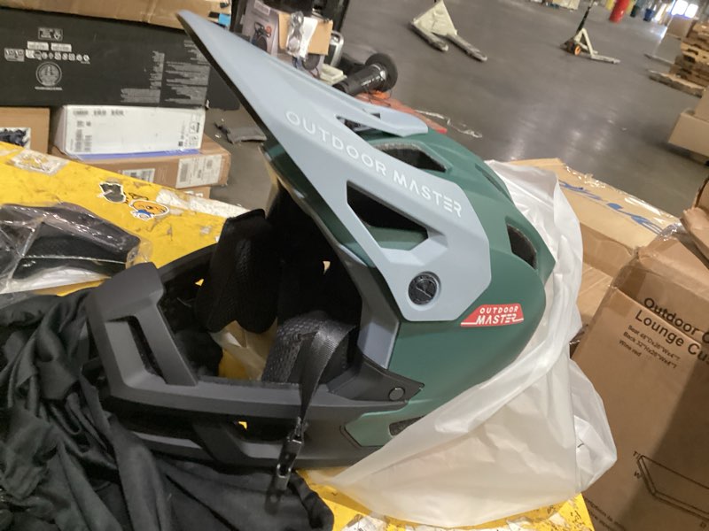 Condition photo showing As Is for outdoormaster full face mountain bike helmet, lightweight for bmx/dh | pc + epp, 27 vents, removable liner, 2 d-rings, goggle strap channel, pivoting visor, fits 57-62cm, for downhill/bmx/mtb emerald green large