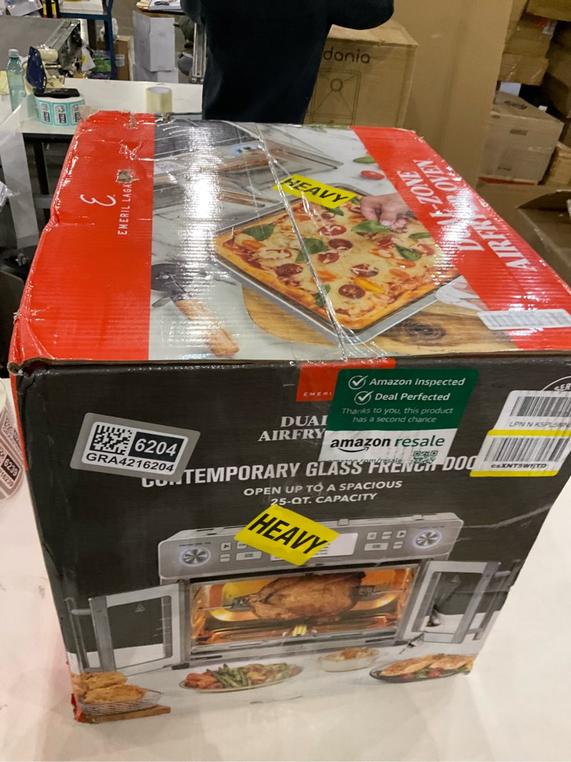 Condition photo showing New/Like New for Emeril Lagasse Dual Zone 360 Air Fryer Oven Combo with French Door, 25 QT Extra Large, Cook Two Foods in Different Ways, Up to 60% Faster from Frozen to Finish, Pizza Stone Accessory