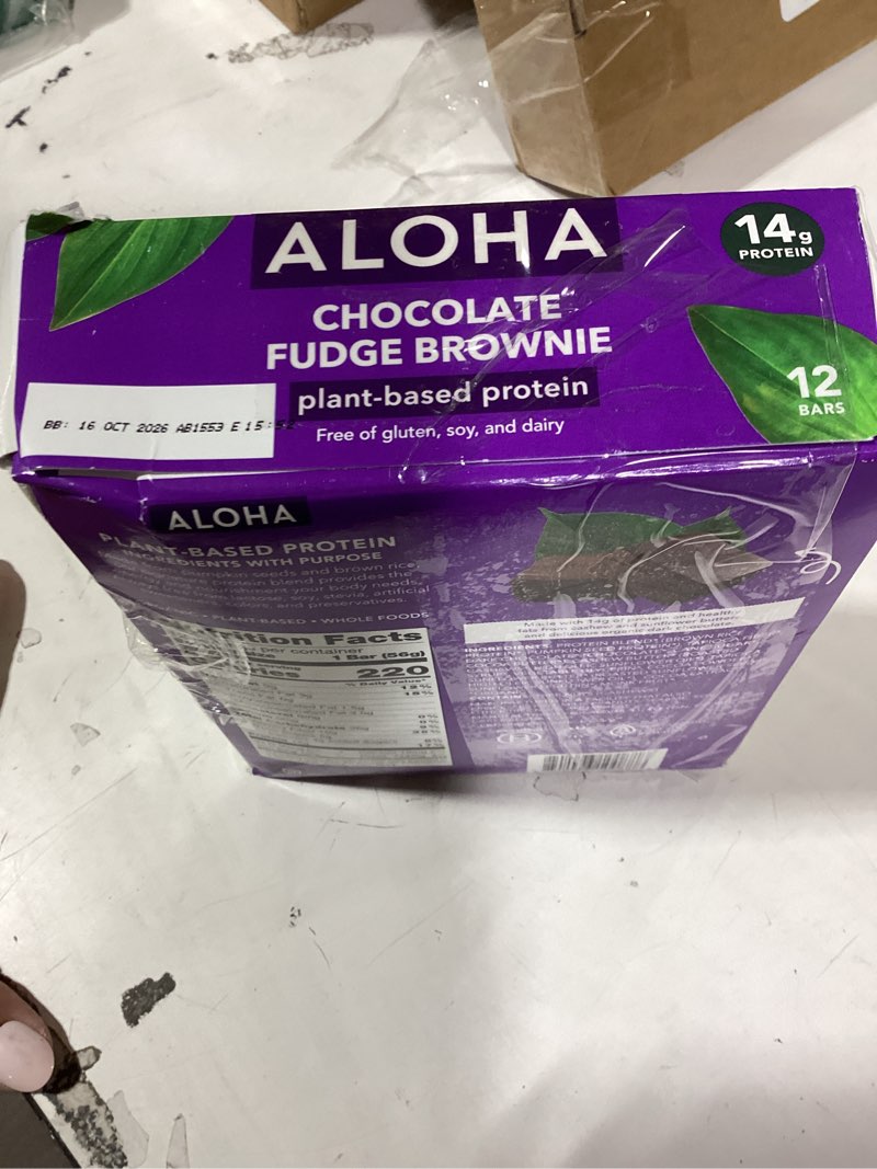 Condition photo showing New/Like New for aloha organic plant-based protein bars | chocolate fudge brownie | vegan, gluten-free, paleo, low-carb, non-gmo, soy-free, 12 count