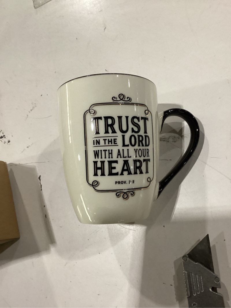 Condition photo showing New/Like New for christian art gifts inspirational bible verse ceramic coffee & tea mug for men & women: trust in the lord encouraging scripture proverb, lead & cadmium-free novelty drinkware, white/black/gold, 12 oz. white & black/trust in the lord 12 ounces