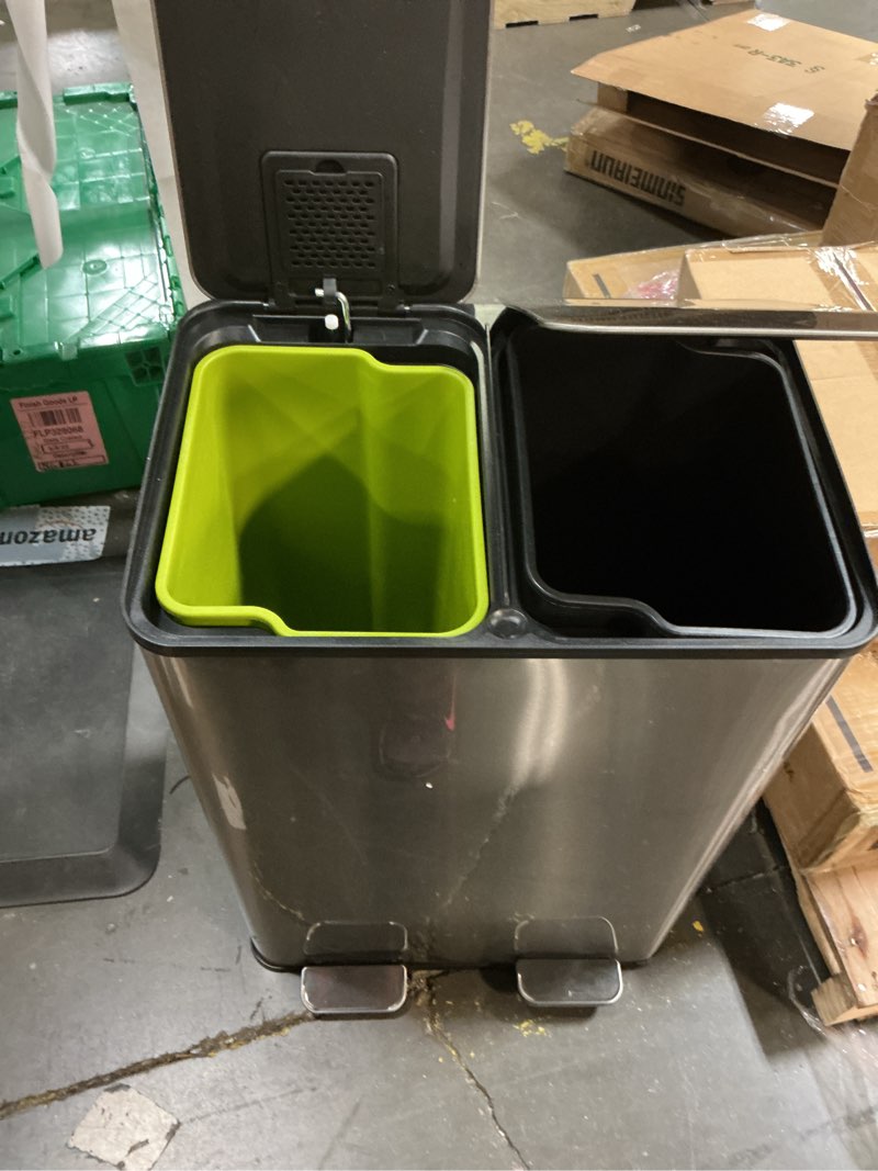 Condition photo showing Good Condition for dumos kitchen trash can, 2×8-gallon garbage can with lid, stainless steel trash bin with 2 removable inner buckets, soft-close foot pedal, fingerprint-resistant for kitchen home office silver 2×8 gallon