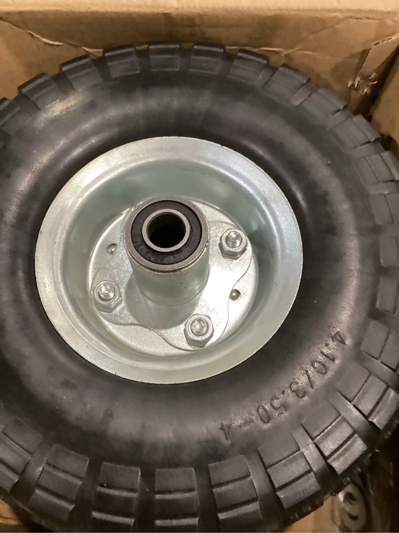 Condition photo showing Good Condition for (2 pack) 10 inch solid polyurethane tire 4.10/3.50-4 tire, 10" flat free wheels with 5/8" bearings, 2.2" offset hub for garden cart, hand truck, lawn cart, mower