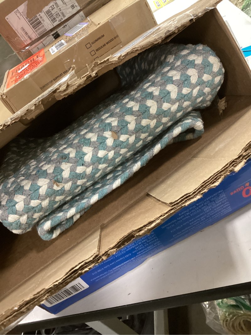 Condition photo showing New/Like New for Super Area Rugs Tri-Color Cotton Farmhouse Braided Rug - Buffalo Check Teal,White,Gray 2' X 3' Oval 2' x 3' (Oval) Teal,white,gray