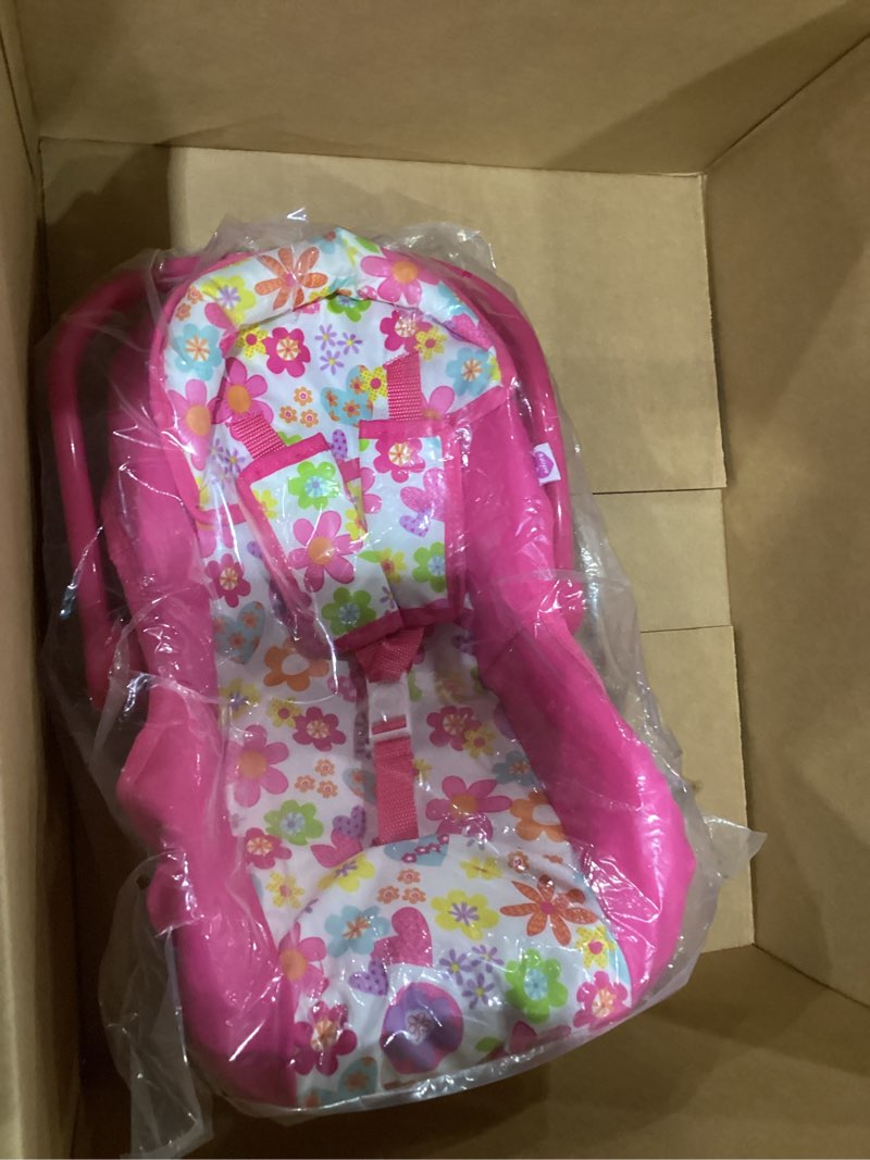 Condition photo showing New/Like New for Adora Baby Doll Car Seat with Removable Seat Cover - Machine Washable, Fits Most Dolls & Plush Animals Up To 20”, Birthday Gift For Children Ages 2+ - Pink Flower Power