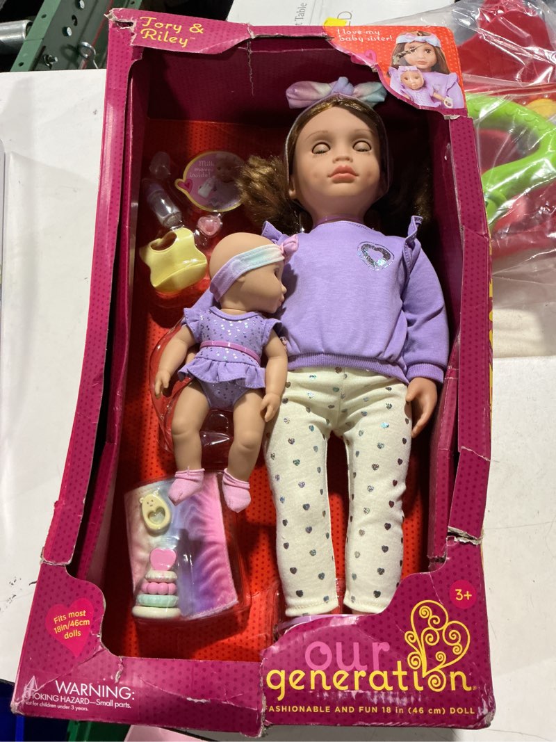 Condition photo showing New/Like New for our generation tory & riley 18" babysitter doll & baby doll sister with accessories playset: plastic & polyester doll set