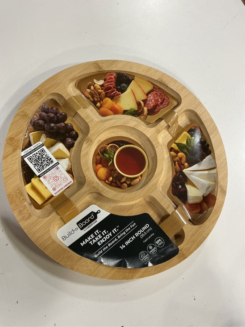 Condition photo showing As Is for farberware build-a-board cutting board with five compartments and clear locking lid for charcuterie, snacks, and more, bamboo