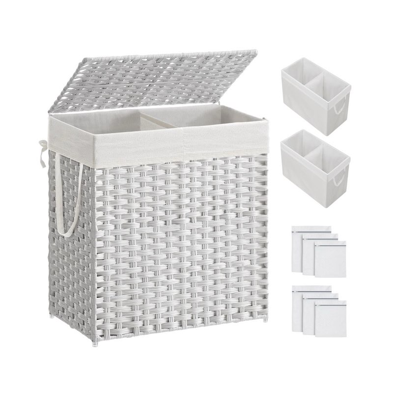 SONGMICS Laundry Hamper with Lid, 110L Clothes Hamper with 2 Removable Liner Bags, 6 Mesh Bags, Wicker Laundry Basket, Double Laundry Hamper for Bathroom, 13 x 22.4 x 23.6 Inches, Gray ULCB52WG