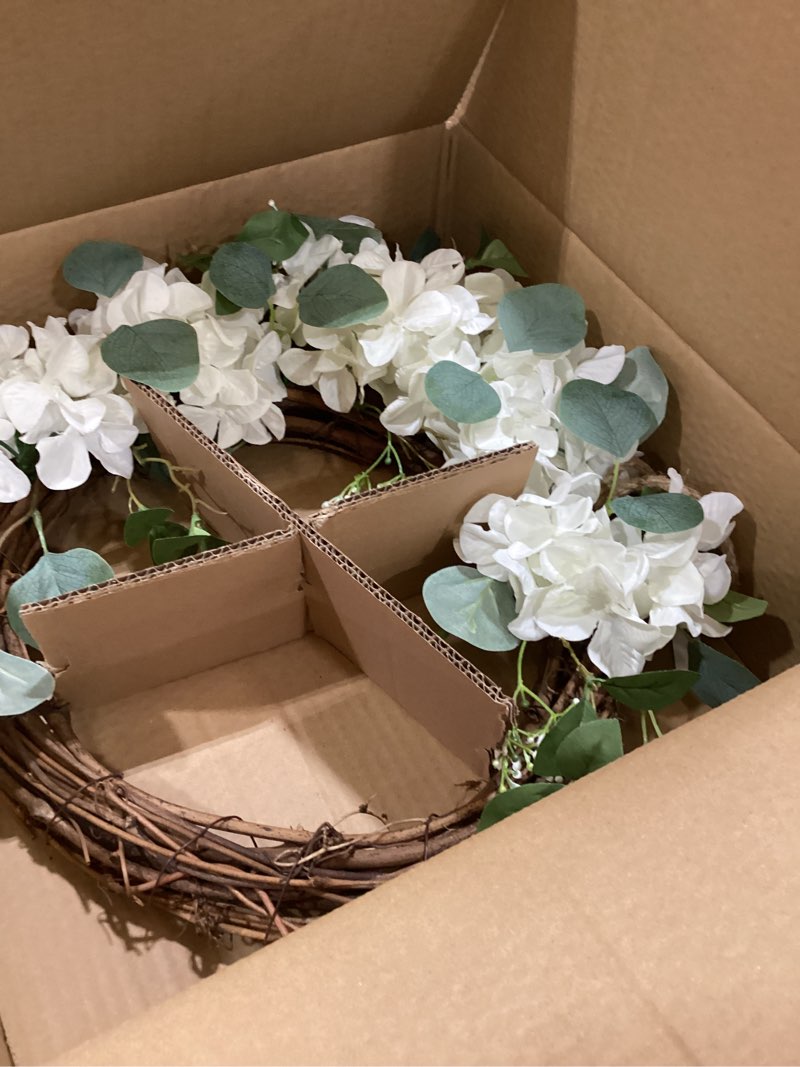 Condition photo showing New/Like New for collective home - artificial wreath, 20" artificial wreath for front door, spring green leaf for window wedding, home porch patio garden decor (grapevines cream hydrangeas)
