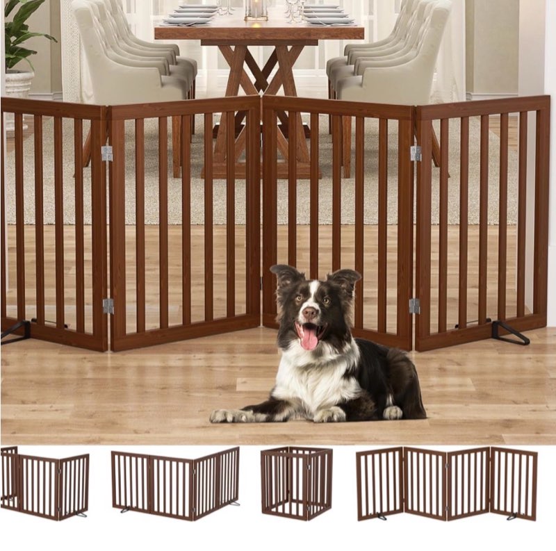 homykic bamboo freestanding dog gate, no assembly pet gate indoor, 24”h x 75”w extra wide foldable puppy barrier fence with support feet for the house, doorways stairs, 4 panels, no drillings, walnut