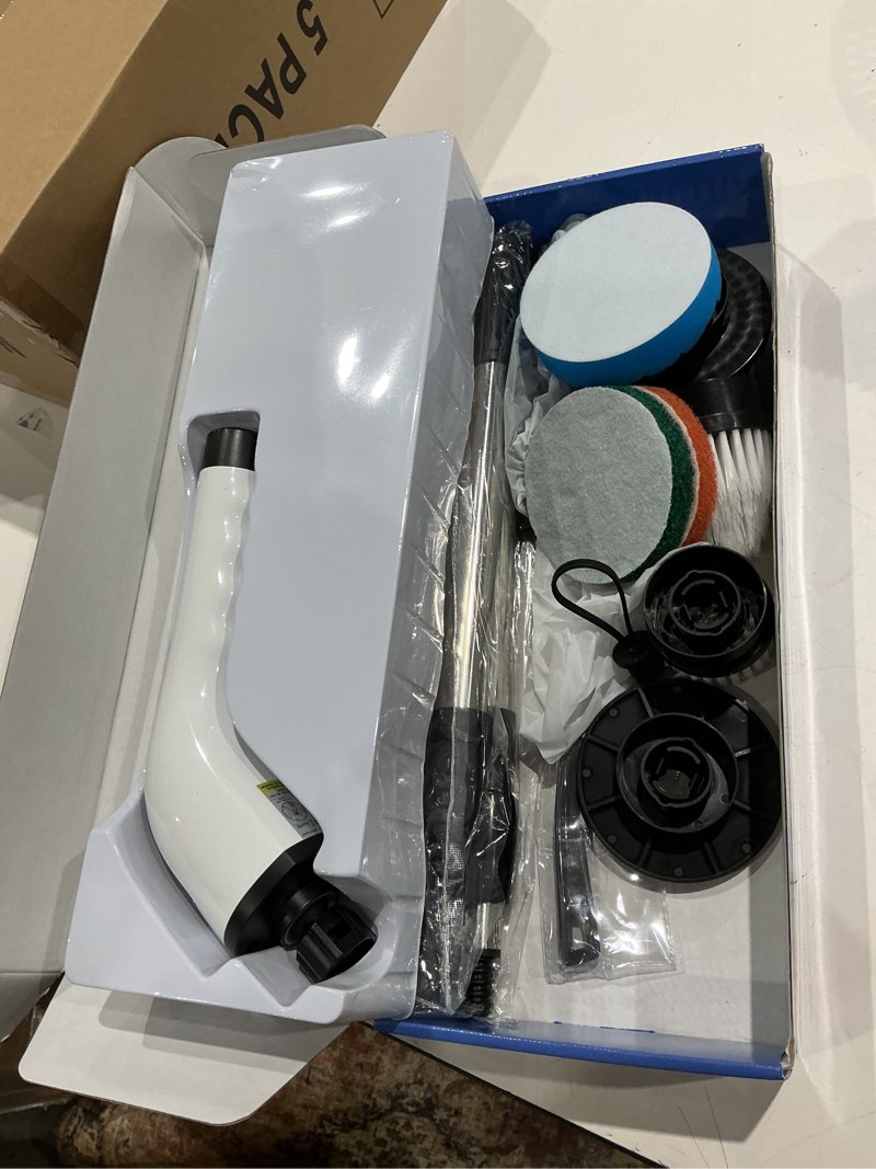 Condition photo showing Good Condition for bomves electric spin scrubber, cordless cleaning brush scrubber for home, 8 replaceable brush heads-90mins work time, 3 adjustable size, 2 speeds for bathroom shower bathtub glass car white