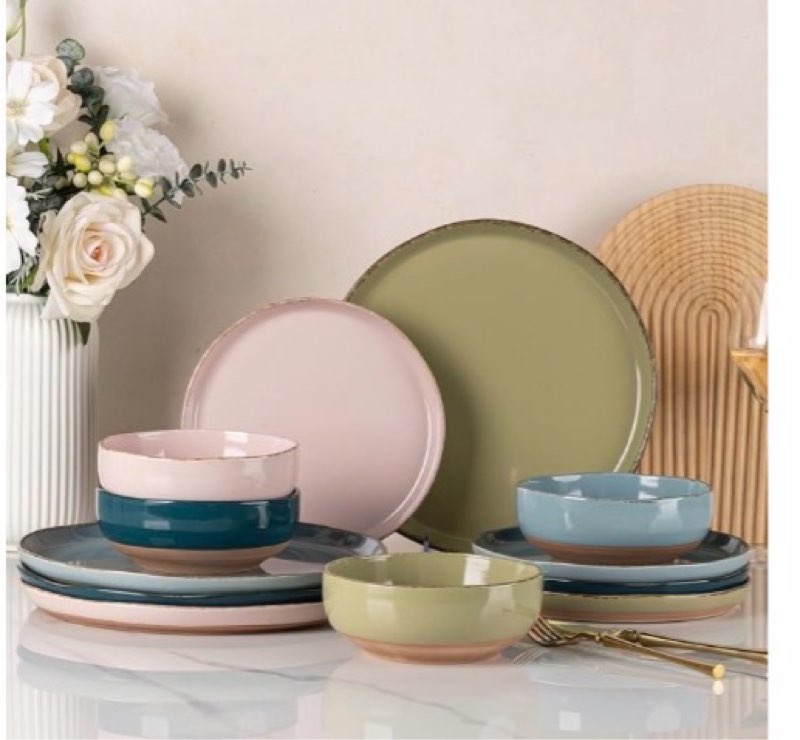 AmorArc Ceramic Dinnerware Sets for 4, 12 Pieces Handpainted Plates and Bowls Set with Rustic Terracotta Underside, Scratch Resistant Stoneware Dishes Set, Dishwasher & Microwave Safe, Multi-Color