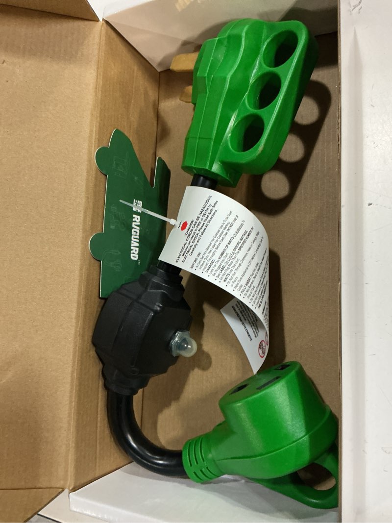 Condition photo showing New/Like New for rvguard overload protector 50 amp to 30 amp rv adapter cord with circuit breaker, nema 14-50p to nema tt-30r electrical power adapter with led power indicator, 18 inch, green, etl listed