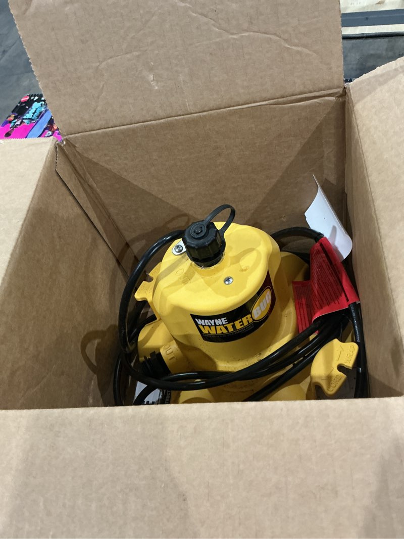 Condition photo showing As Is for wayne - waterbug 1/6 hp 1350 gph submersible pump with multi-flo technology - water removal and transfer pump, yellow