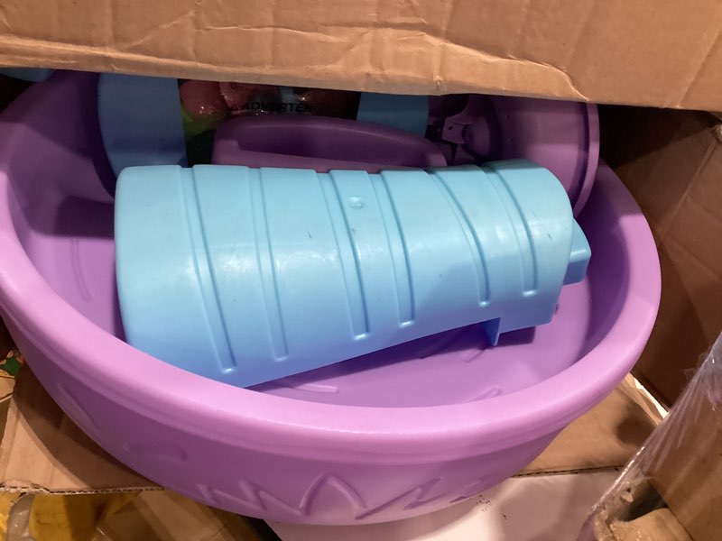 Condition photo showing As Is for step2 rain showers and unicorns water table, kids water and sand activity sensory playset, summer outdoor toys, 13 piece water toy accessories, for toddlers 1.5+ years old, blue & purple rain showers & unicorns