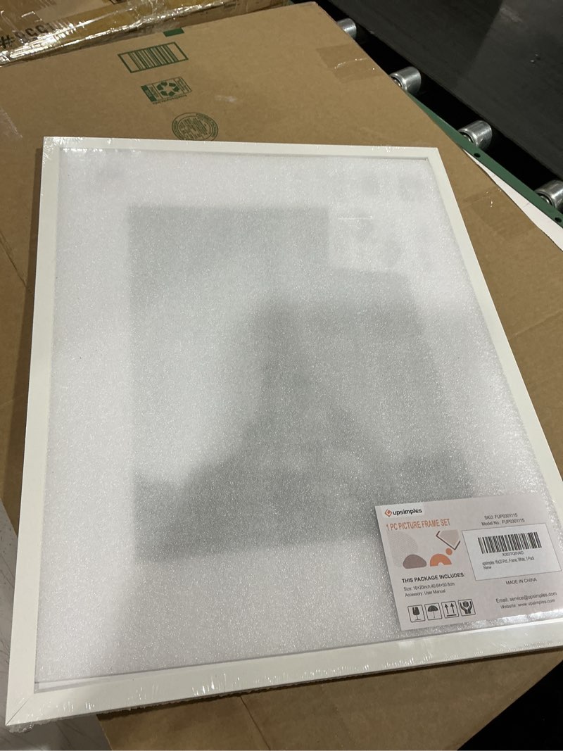 Condition photo showing Good Condition for upsimples 16x20 picture frame, display pictures 11x14 with mat or 16 x 20 without, wall hanging poster frame, white, 1 pack white 16x20